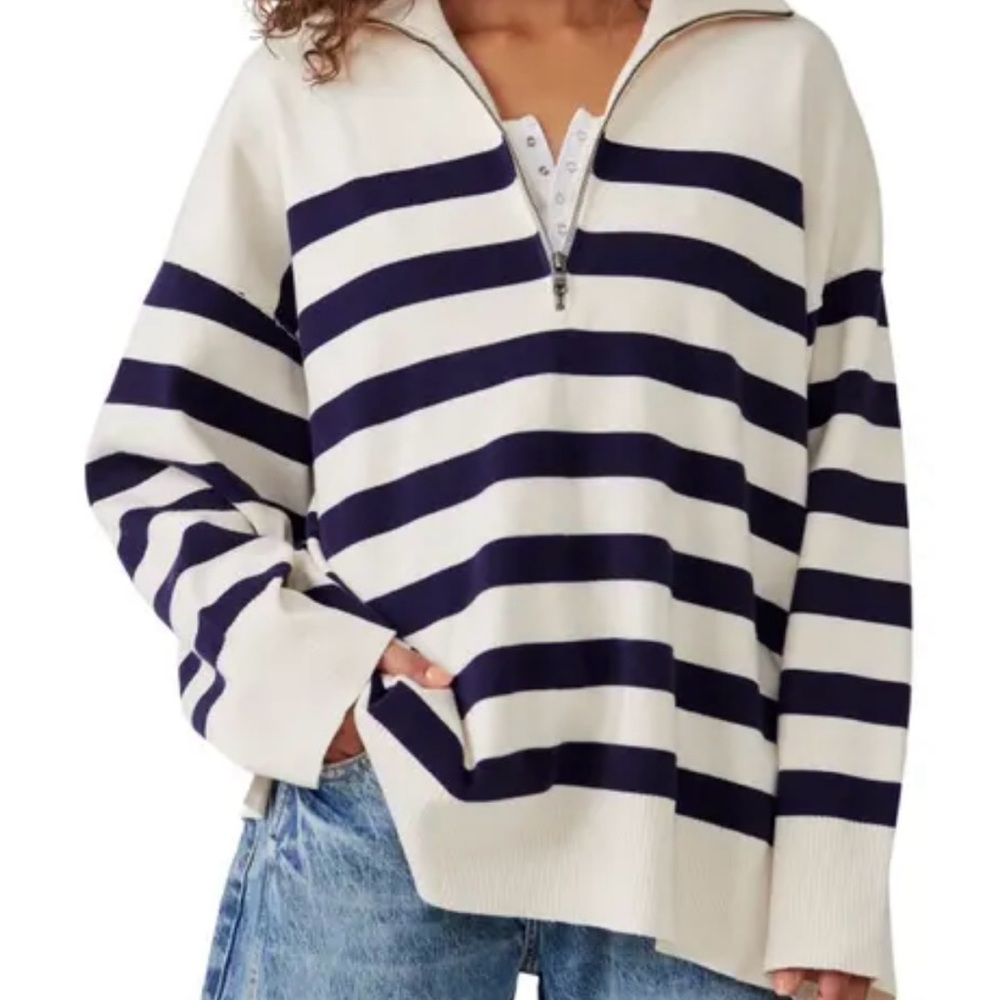 Free People Navy and Cream Striped Sweater
